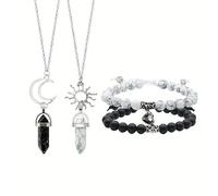 TTPSRY 4 Pezzi Set Bracciale Collana Pietra Naturale Magnetico Coppia Luna Cristallo Esagonale Ciondolo Gioielli Abbinati