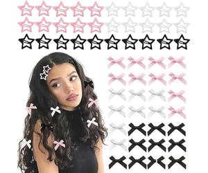 TTPSRY 60 Pezzi Mini Fermagli Fiocco & Stella, Set di Mollette Capelli BB a Stella e Fiocchetti in Raso, Accessori Capelli per Bambina Donna Ragazza, Leggeri e Versatili, 3 Colori (Rosa/Nero/Bianco)