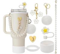 TTPSRY 7 Pezzi Set Decorativo Cannuccia Fiore Portabicchiere Catena Perle Accessori Tazza Termici Ciondoli Pompon Eleganti