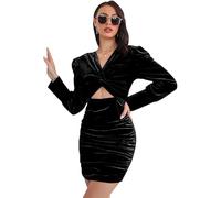 TTPSRY Abito da Donna Elegante Abito Invernale in Velluto con Cutout Aderente Maniche Lunghe Vintage Scollo a V Corto Abito da Cocktail Sexy per Festa da Sera (Nero-XL)