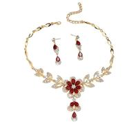 TTPSRY Donna Strass Collana e Orecchini Set Fiore Cristalli Ciondolo Collana Orecchini Pendenti Set per Uso Quotidiano e Occasioni Festive Gioielli (Rosso)