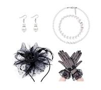 TTPSRY Set Elegante Cerchietto Piuma Tulle Mesh Fiore Ornamento Capelli Collana Perle Bracciale Orecchini Guanti Rete Pizzo Accessori Cerimonia Matrimonio