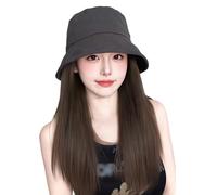 TTYAO REII Cappello alla pescatora con extension di capelli, parrucca lunga e liscia, stile casual, con cappuccio sintetico attaccato, colore: nero