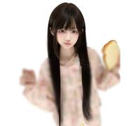 TTYAO REII Parrucca lunga e liscia con frangia, da donna, rosa pesca, stile Kawaii, per cosplay, stile anime (nero naturale)