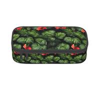 TTYDOKLA Astuccio in tessuto Oxford con stampa di fiori tropicali e fogliame con scomparti multipli, ideale per viaggi o ufficio, Nero , Taglia unica, Astuccio per trucchi
