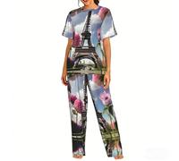 TTYDOKLA Pigiama da donna con stampa Torre Eiffel e fiore Parigi, set da 2 pezzi, perfetto per abbigliamento da casa e pigiameria, Nero , XXL