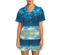 TTYDOKLA Set pigiama da donna in raso con stampa blu oceano mare | Perfetto per weekend pigri, leggere o guardare la TV