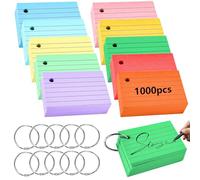 TTYSHIP® 1000 Pezzi Flashcards, A8 Index Cards con 10 Anelli Rilegatura, 7,4 x 5,1cm Flash Card Cartoncini per Scuola Ufficio Casa Studio Appunti (10 Colori)