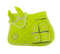 TTZGMTRC Set equestre da 3 Pezzi per Equitazione, Cuscinetti da Sella, paraorecchie, Gambali da Cavallo per Machine Washable Contoured Fit, Water Absorbing, Shock Absorbing,Verde,Set