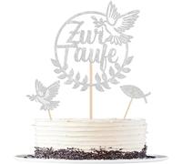 Tuafe - 13 decorazioni glitterate per torta, prima comunione, pesce, colomba della pace, topper per cupcake, per battesimo, baby shower, compleanno, feste, argento