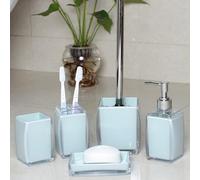 TUANYO - Set di accessori moderni da bagno in materiale acrilico, dispenser per lozione/sapone, portasapone, portaspazzolino, bicchiere, scopino e supporto, per inaugurazione casa, 5 pezzi, blu