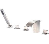 Tub Taps 5-Holes Deck Mount Waterfall Bathtub Faucet Set with Handheld Shower, Third Handle Brass Bathroom Sink Taps,Brushed Nickel
