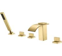 Tub Taps 5-Holes Deck Mount Waterfall Bathtub Faucet Set with Handheld Shower, Third Handle Brass Bathroom Sink Taps,Brushed Gold