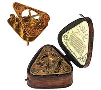 TUBAZ Bussola triangolare in ottone con meridiana in stile steampunk, di alta qualità, realizzata a mano, in ottone, con scatola in pelle, regalo di compleanno, battesimo, matrimonio, San Valentino.