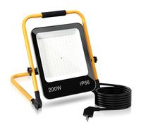 Tubiaz Faretto LED da Cantiere, 200W Super luminoso Faro LED 16000LM 6000K Bianca Freddo Lampada da Lavoro con staffa pieghevole, Impermeabile IP66 per cantiere edile (3M Cavo con Spina)