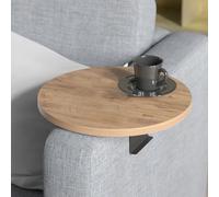 Tubibu Vassoio da divano per braccioli, vassoio regolabile con porta bevande, design speciale con pratico supporto in metallo, ripiano per sedili, diametro 35 cm (1, marrone)