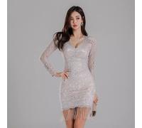 Tubino abito donna elegante aderente slim corto pizzo celeste frange A381