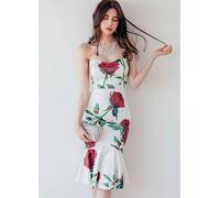 Tubino vestito abito donna elegante al ginocchio bianco rose fascia scollo 7258
