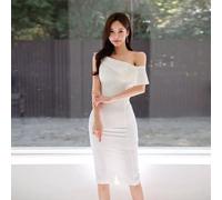 Tubino Vestito Abito Donna Elegante Bianco Scollato Corto Slim Raso 08617