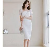 Tubino Vestito Abito Donna Elegante Bianco Scollato Corto Slim Raso 09832