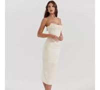 Tubino Vestito Abito Donna Elegante Fascia Ginocchio Bianco Raso Slim 00433