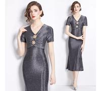 Tubino Vestito Abito Donna Elegante Grigio Strass Scollato Corto Slim Raso 08904