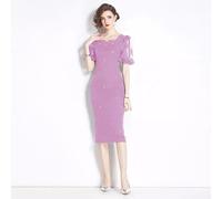 Tubino Vestito Abito Donna Elegante Lilla Strass Scollato Corto Slim Raso 08907
