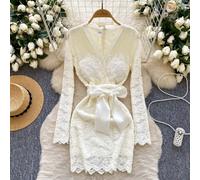 Tubino Vestito Abito Donna Elegante Manica Lunga Bianco Pizzo Raso 35138