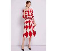 Tubino Vestito Abito Donna Elegante Manica Lunga Bianco Rosso Cintura 03533