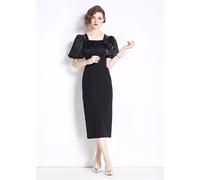 Tubino Vestito Abito Donna Elegante Nero Strass Scollato Corto Slim Raso 08908