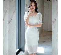 Tubino Vestito Abito Donna Elegante Scollato Slim Ginocchio Bianco Pizzo 59699