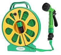 Tubo da Giardino con Doccia da 15 m con avvolgitubo Manuale, Pistola a 7 Tipi di Getto, Tubo per l'Acqua in PVC, Verde, per irrigazione, innaffiare,Giardinaggio