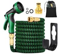 Tubo da giardino flessibile 30 m/100 FT verde, con ugello spray e connettori in ottone da 3/4" e 1/2", tubo flessibile con 10 funzioni, 3 estensibili, senza pieghe, per giardino, pavimento, terrazza