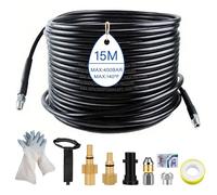 Tubo di pulizia ad alta pressione, 15 m, 5800 psi/400 bar, compatibile con Kärcher K2 a K7, Lavor, Bosch, kit completo di adattatori, ugelli e guanti di protezione