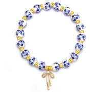 TUCEWP Braccialetto con fiocco dorato per le donne braccialetti con perline elastiche Boho Coquette Ribbon Bow Bracelet Dainty Vintage Blue and White Porcelain Bracelets Fashion Trendy Birthday