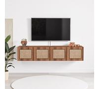 TuckTect Mensola per TV sospesa in legno massello, mobile TV da parete da 119 cm, ripiani galleggianti in rattan con 4 ante, console multimediale in legno di metà secolo, grande spazio sotto la TV