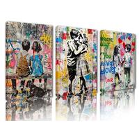 Tucocoo Dipinti di graffiti per soggiorno camera da letto Banksy Street immagini colorate 3 pannelli tela astratta bambino e ragazza arte da parete decorazione per la casa cornice in legno allungato