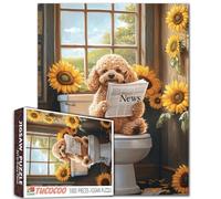 Tucocoo Divertente puzzle da bagno per adulti, puzzle da 1000 pezzi con barboncino che legge giornale sul WC con puzzle di girasoli, puzzle impegnativi per adulti, giochi per famiglie, decorazione