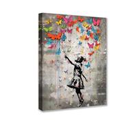 Tucocoo Grandi immagini per soggiorno Banksy Little Girl Paintings 1 pannello su tela Butterfly Street Graffiti Wall Art Opere d'arte moderna decorazione per la casa per camera da letto con cornice in