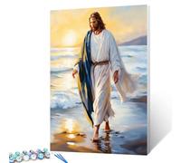 Tucocoo Holy Faith Sunrise - Kit di pittura con i numeri, 40,6 x 50,8 cm, tela fai da te, per adulti, con pennelli e pigmento acrilico, immagini di Gesù che cammina sulla spiaggia per la decorazione