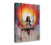 Tucocoo Opera d'arte per pareti di casa bambina altalena immagini colorate graffiti dipinti 1 pannello tela Banksy Pop Art opera d'arte moderna decorazione per la casa per soggiorno cornice in legno