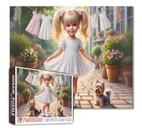 Tucocoo Puzzle da 1000 pezzi per adulti, ragazza carina con cani Yorkie nel giardino fiorito, cortile stravagante, puzzle estetico vintage per rilassarsi, giochi per la famiglia fai da te artigianato