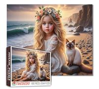 Tucocoo Puzzle da 1000 pezzi per adulti, ragazza con corona di fiori e gatto sulla spiaggia al tramonto, puzzle romantici costieri, giochi per famiglie, puzzle impegnativi per adulti, regalo per