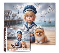 Tucocoo Puzzle da 1000 pezzi per adulti, ragazzo nautico con cucciolo sulla spiaggia - abito da marinaio, faro, barche a vela, puzzle stravagante dell'oceano, puzzle con scena costiera, regalo puzzle