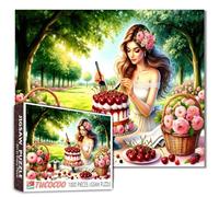 Tucocoo Puzzle da giardino elegante donna per adulti, 1000 pezzi, puzzle con scena da picnic, decorazione di torte di ciliegia, puzzle romantico all'aperto arte floreale, regalo rilassante puzzle