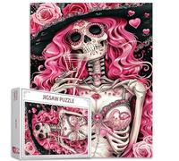 Tucocoo Puzzle di donna scheletro per adulti, 1000 pezzi, rose rosa in vetro vino teschio puzzle colorato fai da te puzzle artigianali per regali di decorazione domestica, puzzle di famiglia perfetto