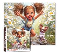 Tucocoo Simpatico puzzle con ragazza dei cartoni animati per adulti, 1000 pezzi, cucciolo che corre nel campo delle margherite, puzzle stravagante e fantasy, puzzle divertente e stimolante, regalo per