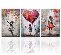 Tucocoo Stampa artistica da parete su tela di Banksy con farfalla e bambina, 3 pezzi, con graffiti, immagini pop art, opere d'arte moderna per la casa, soggiorno, camera da letto, ufficio,