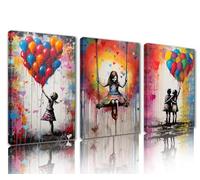 Tucocoo Tela artistica da parete in 3 pezzi, motivo: ragazza di Banksy con palloncino, street pop art, graffiti, opere d'arte moderna, decorazione per la casa colorata per soggiorno, incorniciata,