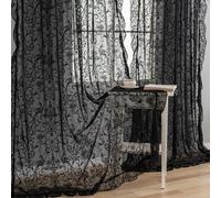 TUDECO Tende nere per Halloween, lunghe 213 cm, stile shabby chic, in pizzo trasparente, motivo floreale, tende per la privacy, stile gotico/strega, decorazione francese, 1 paio, 133 x 213 cm